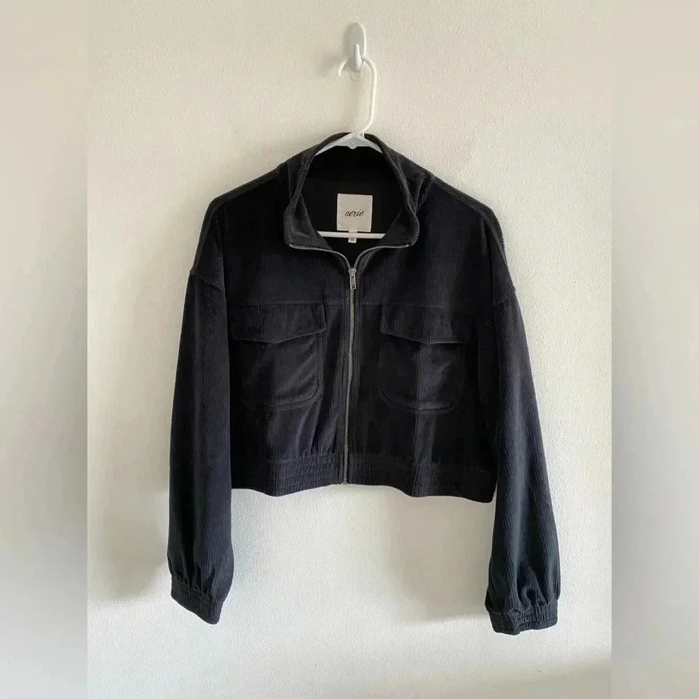 Aerie | Groove On Velour Full Zip Sweatshirt True Black Sz Large‎
